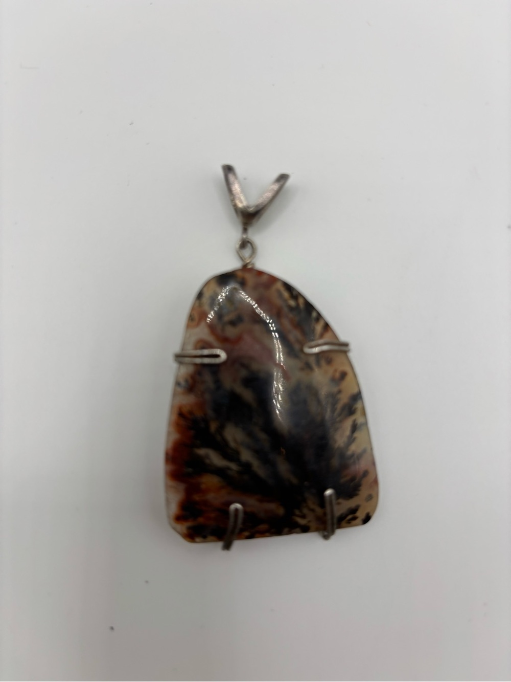 Dendritic Agate Pendant Necklace in Brown and Cream - Sterling Silver Holder